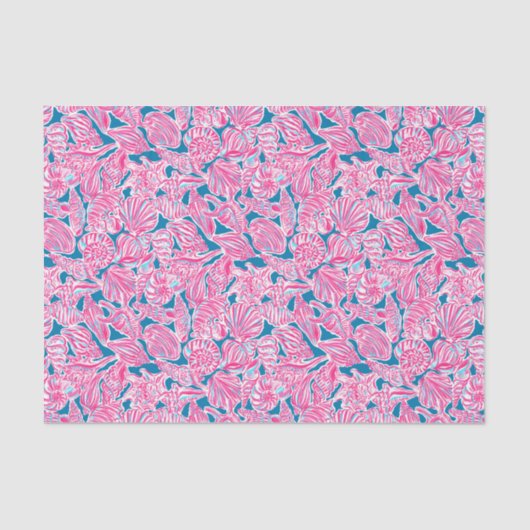 Preppy Palm Beach Print Pink & Blue Seashells Seidenpapier (Vorderseite)