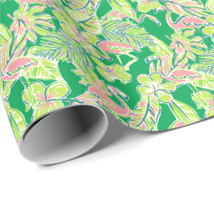 Preppy Palm Beach Print Pink & Green Flamingos Geschenkpapier