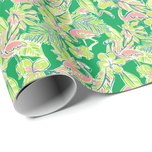 Preppy Palm Beach Print Pink & Green Flamingos Geschenkpapier (Rolleneckpunkt)