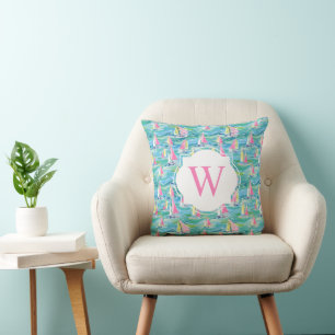 Preppy Palm Beach Print Pink Sailboote Monogram Kissen