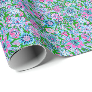 Preppy Palm Beach Print Pink und Green Blume Geschenkpapier