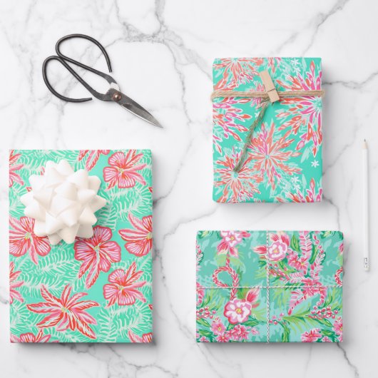 Preppy Palm Beach Tropical Blume Muster Geschenkpapier Set (Vorderseite)