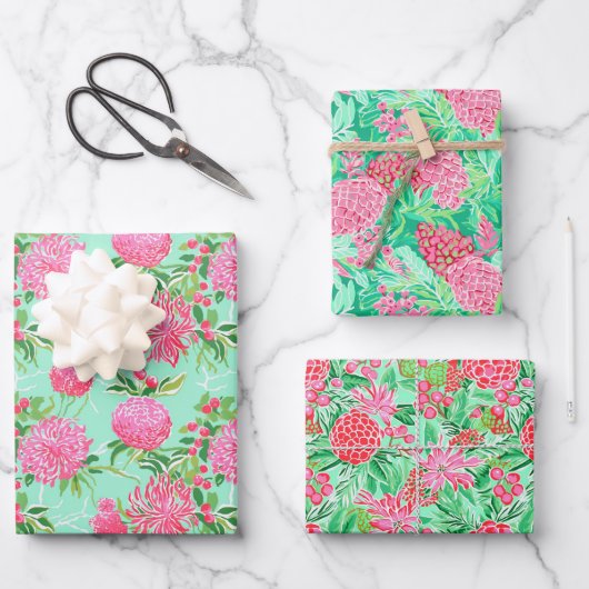 Preppy Palm Beach Tropical Blume Muster Geschenkpapier Set (Vorderseite)