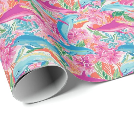 Preppy Palm Beach Tropical Delphins Muster Geschenkpapier (Rolleneckpunkt)