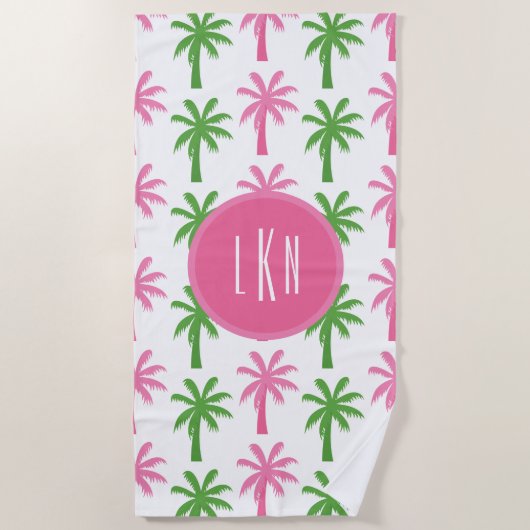 Preppy Palm Trees Mit Monogramm Beach Handtuch (Vorderseite)