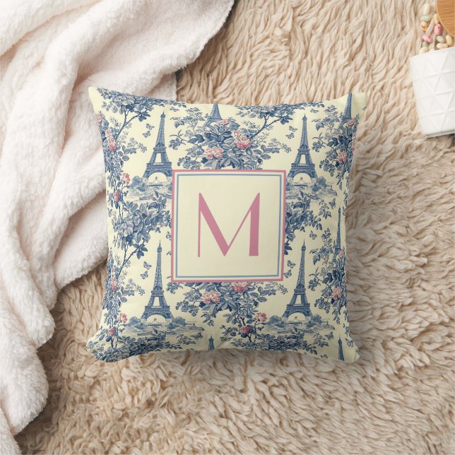 Preppy Paris Toile Pink und Blue Monogram Kissen (Decke)