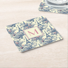 Preppy Paris Toile Pink und Blue Monogram Rechteckiger Pappuntersetzer