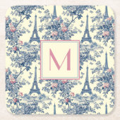 Preppy Paris Toile Pink und Blue Monogram Rechteckiger Pappuntersetzer (Vorderseite)