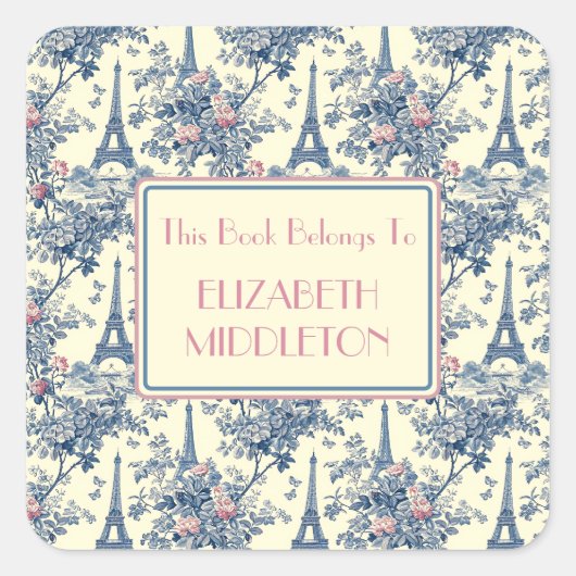 Preppy Parisian Toile Eiffel Tower Buchzeichen Quadratischer Aufkleber (Vorderseite)