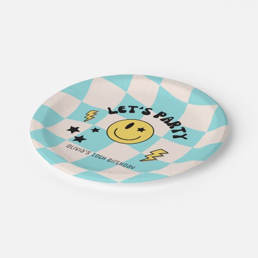 Preppy Pastel Blue Y2K Retro Birthday Paper Plate Pappteller (Schrägansicht)