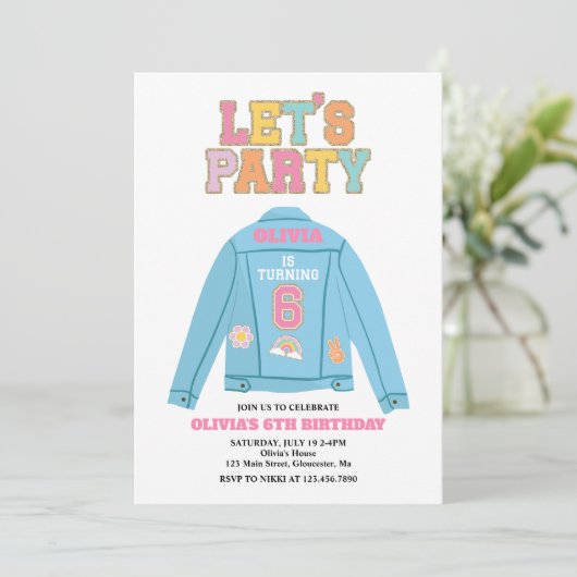 Preppy Patch jacke 6. Geburtstag Einladung (Stehend Vorderseite)