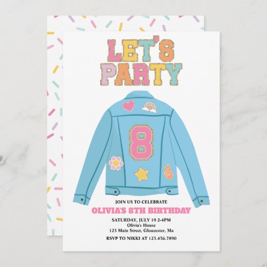 Preppy Patch jacke 8TH Birthday Einladung (Vorne/Hinten)