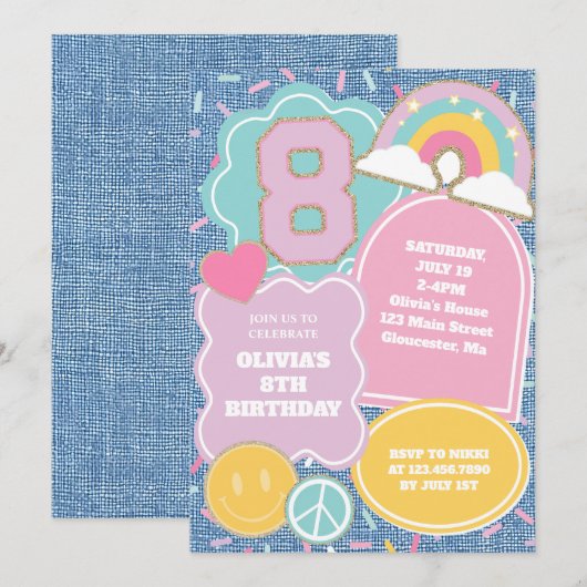 Preppy Patch Jeans 8. Geburtstag Einladung (Vorne/Hinten)