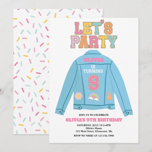 Preppy Patch Jeansjacke 9. Geburtstag Einladung (Vorne/Hinten)