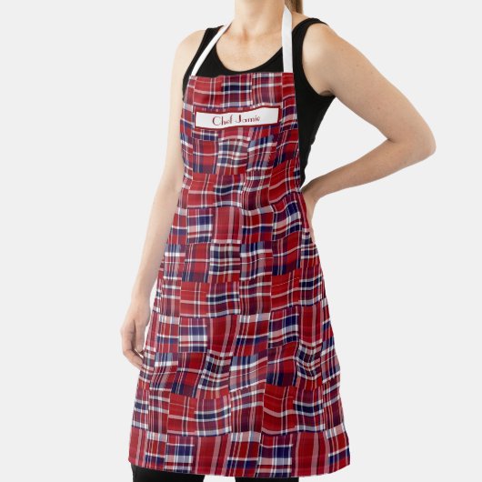 Preppy Patchwork Madras Deep Red Navy White Schürze (InSitu)