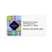 Preppy Patchwork Madras Navy Quatrefoil Monogram Adressaufkleber (Vorne)