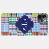 Preppy Patchwork Madras Navy Quatrefoil Monogram Case-Mate iPhone Hülle (Rückseite (Horizontal))