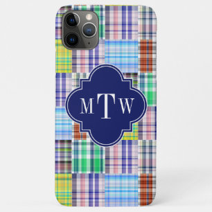 Preppy Patchwork Madras Navy Quatrefoil Monogram Case-Mate iPhone Hülle