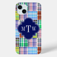 Preppy Patchwork Madras Navy Quatrefoil Monogram