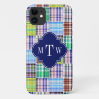 Preppy Patchwork Madras Navy Quatrefoil Monogram