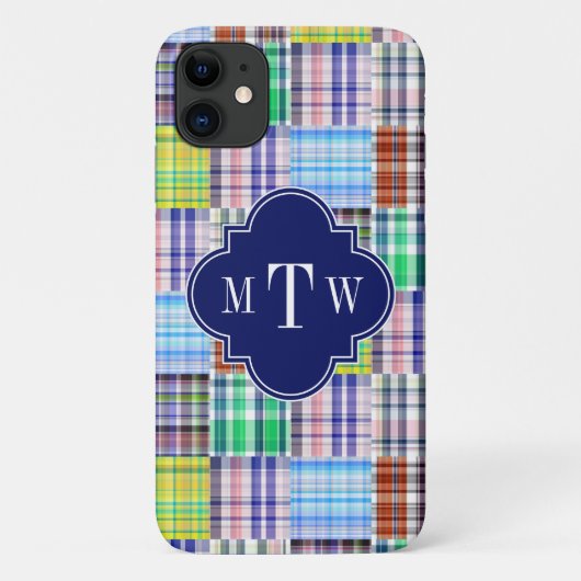 Preppy Patchwork Madras Navy Quatrefoil Monogram Case-Mate iPhone Hülle (Rückseite)