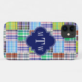 Preppy Patchwork Madras Navy Quatrefoil Monogram Case-Mate iPhone Hülle (Rückseite (Horizontal))
