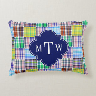 Preppy Patchwork Madras Navy Quatrefoil Monogram Dekokissen
