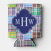 Preppy Patchwork Madras Navy Quatrefoil Monogram Dosenkühler (Vorderseite)