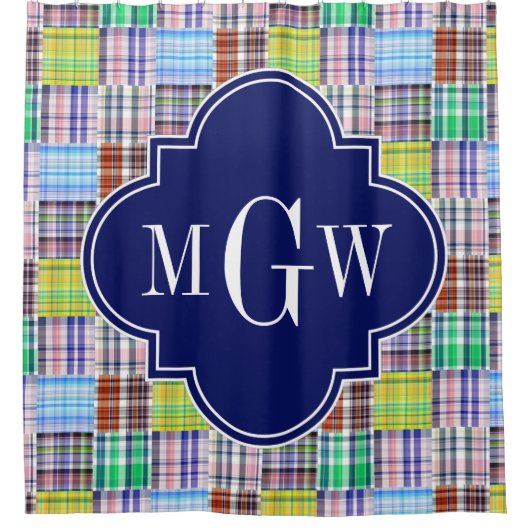 Preppy Patchwork Madras Navy Quatrefoil Monogram Duschvorhang (Vorderseite)