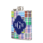 Preppy Patchwork Madras Navy Quatrefoil Monogram Flachmann (Links)