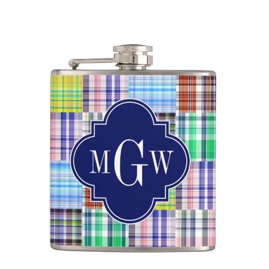 Preppy Patchwork Madras Navy Quatrefoil Monogram Flachmann (Vorderseite)