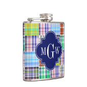 Preppy Patchwork Madras Navy Quatrefoil Monogram Flachmann (Rechts)