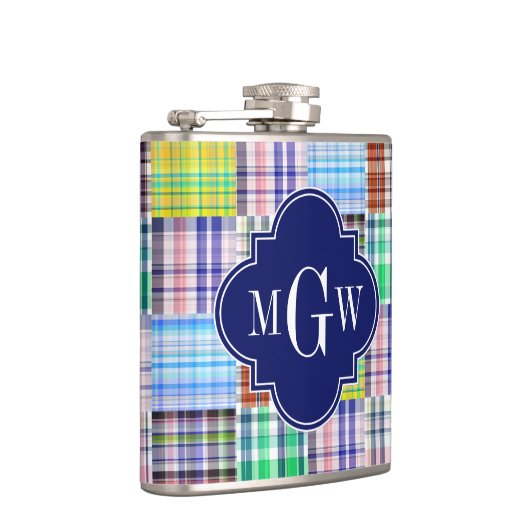 Preppy Patchwork Madras Navy Quatrefoil Monogram Flachmann (Rechts)