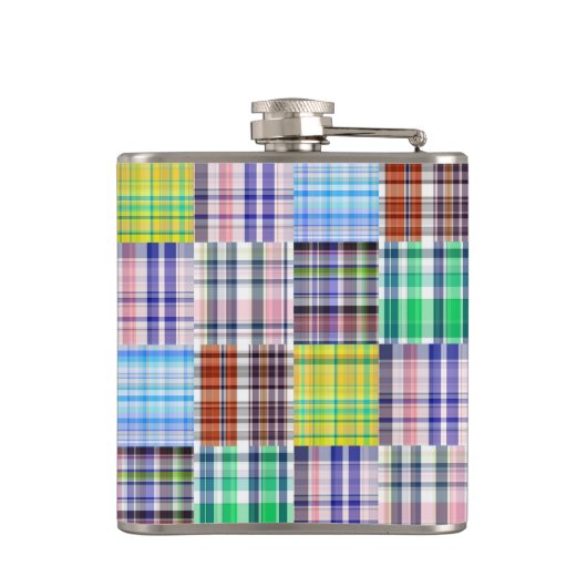 Preppy Patchwork Madras Navy Quatrefoil Monogram Flachmann (Rückseite)