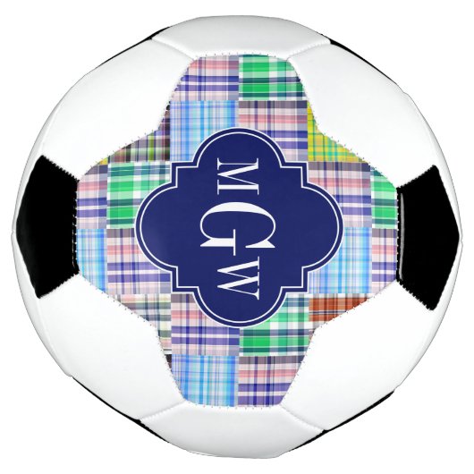 Preppy Patchwork Madras Navy Quatrefoil Monogram Fußball (Gedreht)