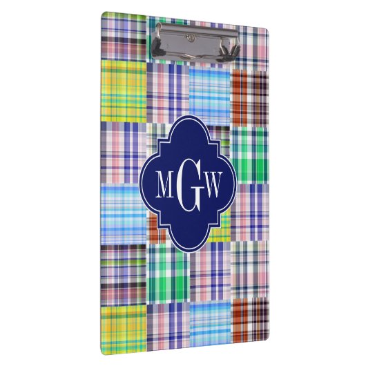 Preppy Patchwork Madras Navy Quatrefoil Monogram Klemmbrett (Rechts)