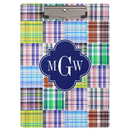 Preppy Patchwork Madras Navy Quatrefoil Monogram Klemmbrett (Vorderseite)