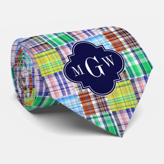 Preppy Patchwork Madras Navy Quatrefoil Monogram Krawatte (Gerollt)