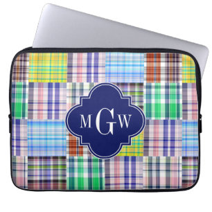 Preppy Patchwork Madras Navy Quatrefoil Monogram Laptopschutzhülle