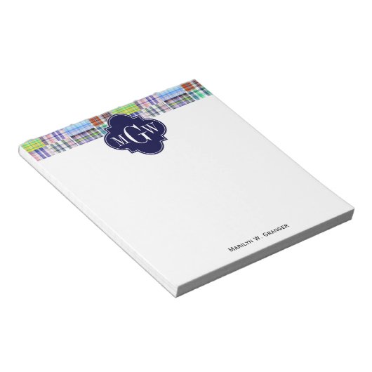 Preppy Patchwork Madras Navy Quatrefoil Monogram Notizblock (angewinkelt)