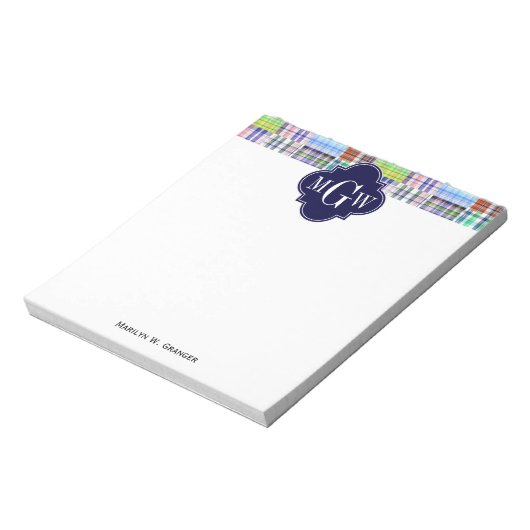 Preppy Patchwork Madras Navy Quatrefoil Monogram Notizblock (Rotiert)