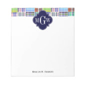 Preppy Patchwork Madras Navy Quatrefoil Monogram Notizblock (Vorderseite)