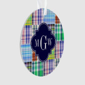 Preppy Patchwork Madras Navy Quatrefoil Monogram Ornament (Vorderseite)