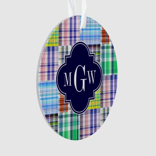 Preppy Patchwork Madras Navy Quatrefoil Monogram Ornament (Vorderseite)