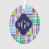 Preppy Patchwork Madras Navy Quatrefoil Monogram Ornament (Vorderseite)