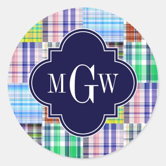 Preppy Patchwork Madras Navy Quatrefoil Monogram Runder Aufkleber (Vorderseite)