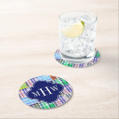 Preppy Patchwork Madras Navy Quatrefoil Monogram Runder Pappuntersetzer (Vor Ort)