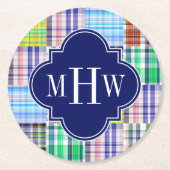 Preppy Patchwork Madras Navy Quatrefoil Monogram Runder Pappuntersetzer (Vorderseite)