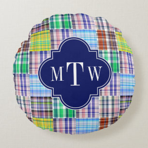 Preppy Patchwork Madras Navy Quatrefoil Monogram Rundes Kissen
