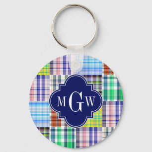 Preppy Patchwork Madras Navy Quatrefoil Monogram Schlüsselanhänger